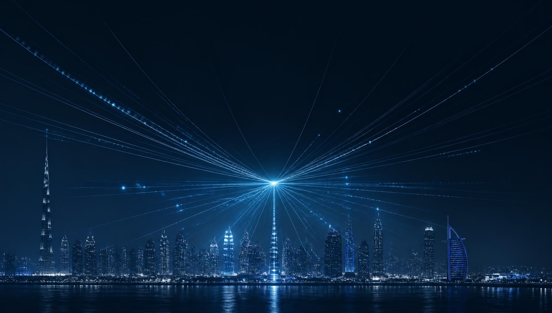 Light lines converging into a single axis point above a night skyline